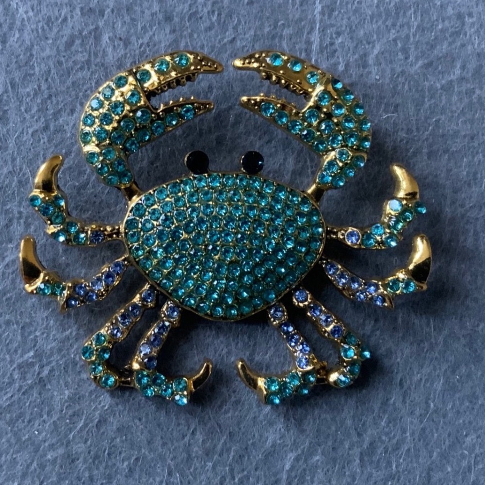 Gold Tone Blue Rhinestone Crab Brooch Nautical Ocean Crustacean Pin Statement